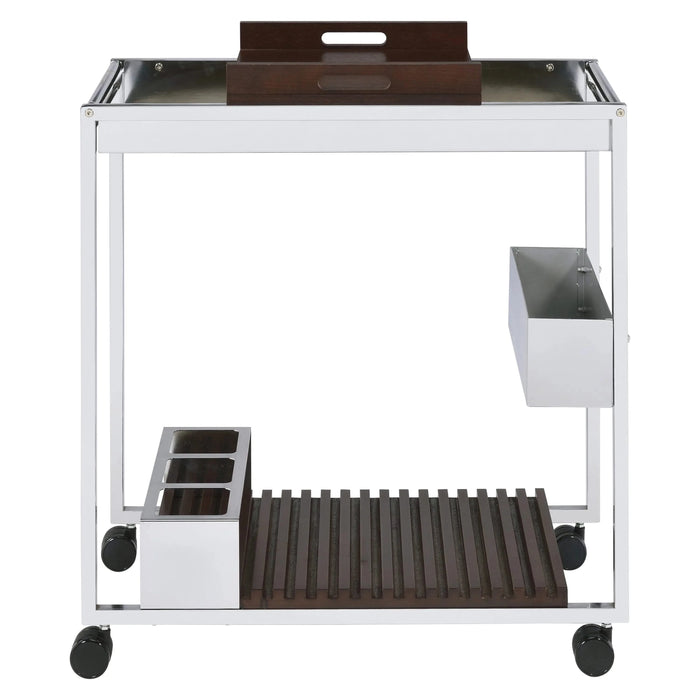 Chrome and Brown Serving Cart with Stemware Shelf Default -DTYStore