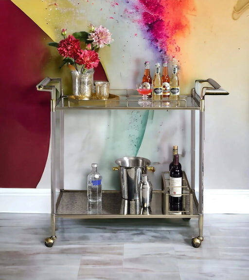 Cirro Antique Mirror & Wire Brass Finish Serving Cart Default -DTYStore