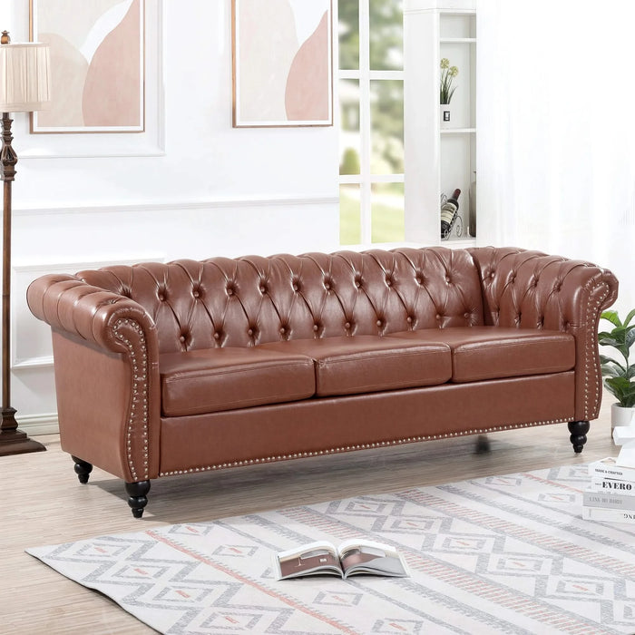Classic Chesterfield Three Seater Sofa Brown PU Leather with Rolled Arms and Birch Legs 84.65 Inches Default -DTYStore