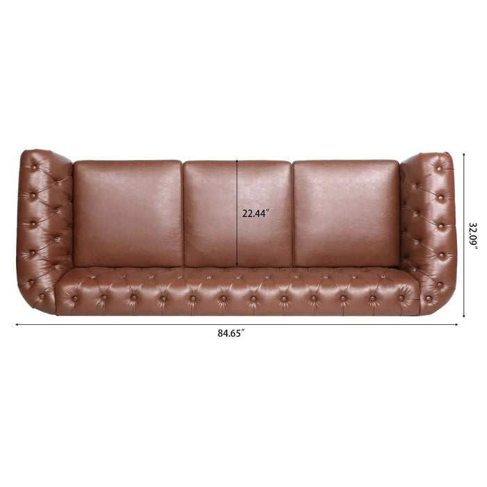 Classic Chesterfield Three Seater Sofa Brown PU Leather with Rolled Arms and Birch Legs 84.65 Inches Default -DTYStore
