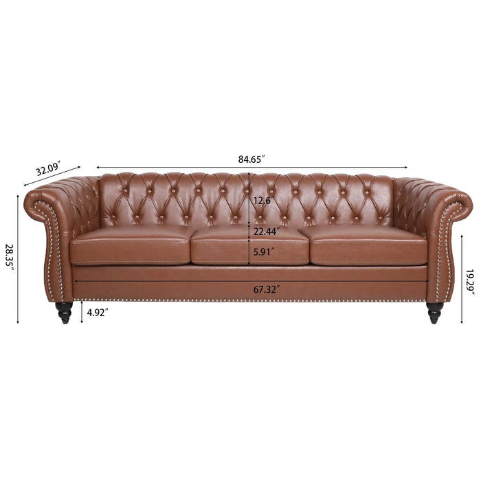 Classic Chesterfield Three Seater Sofa Brown PU Leather with Rolled Arms and Birch Legs 84.65 Inches Default -DTYStore