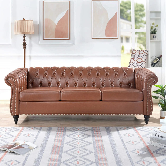 Classic Chesterfield Three Seater Sofa Brown PU Leather with Rolled Arms and Birch Legs 84.65 Inches Default -DTYStore