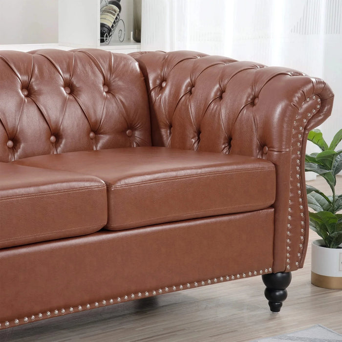Classic Chesterfield Three Seater Sofa Brown PU Leather with Rolled Arms and Birch Legs 84.65 Inches Default -DTYStore