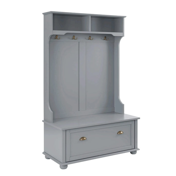 Classic Cosatal Style Hall Tree Entryway Bench with Open Shelves and Shoe Cabinets, SOLID WOOD Feet, Gray, 40'W*18.5'D*64.5'H Default -DTYStore