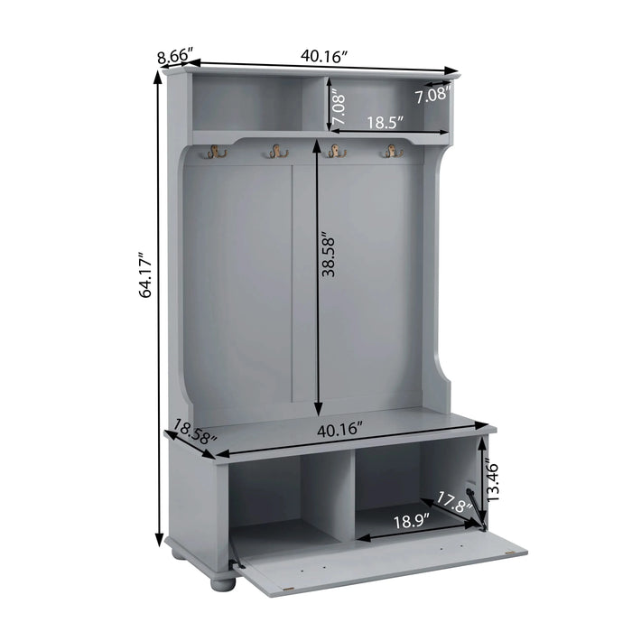 Classic Cosatal Style Hall Tree Entryway Bench with Open Shelves and Shoe Cabinets, SOLID WOOD Feet, Gray, 40'W*18.5'D*64.5'H Default -DTYStore