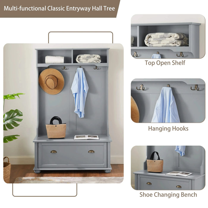 Classic Cosatal Style Hall Tree Entryway Bench with Open Shelves and Shoe Cabinets, SOLID WOOD Feet, Gray, 40'W*18.5'D*64.5'H Default -DTYStore