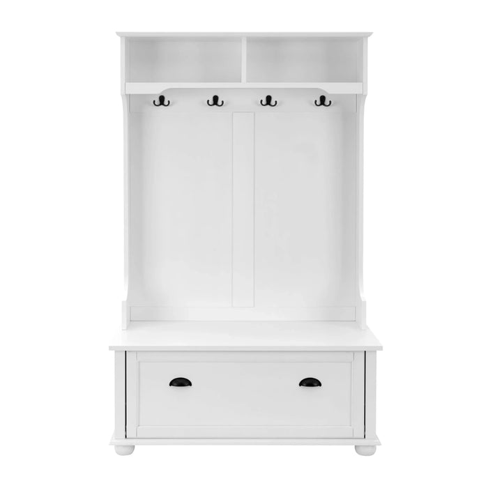 Classic Cosatal Style Hall Tree Entryway Bench with Open Shelves and Shoe Cabinets, SOLID WOOD Feet, White, 40.16'W*18.58'D*64.17'H Default -DTYStore