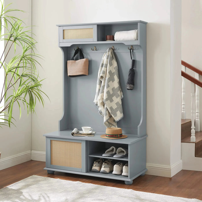 Clothes hanger Hall Tree Storage Bench Shoe Rack for Entryway, Hall Tree with Bench and Shoe Storage, Hall Tree Entryway Bench with Rattan Door Gray, 40.16'W*18.58'D*64.17'H Default -DTYStore