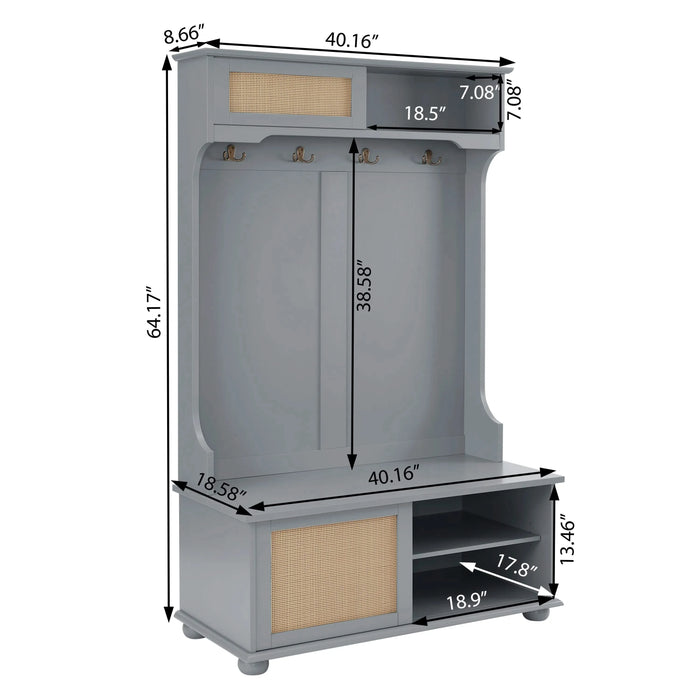 Clothes hanger Hall Tree Storage Bench Shoe Rack for Entryway, Hall Tree with Bench and Shoe Storage, Hall Tree Entryway Bench with Rattan Door Gray, 40.16'W*18.58'D*64.17'H Default -DTYStore