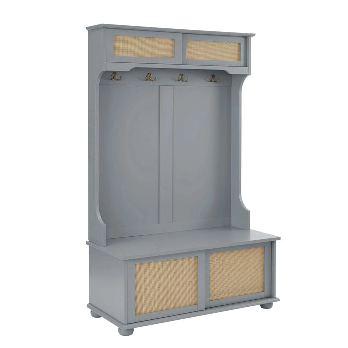 Clothes hanger Hall Tree Storage Bench Shoe Rack for Entryway, Hall Tree with Bench and Shoe Storage, Hall Tree Entryway Bench with Rattan Door Gray, 40.16'W*18.58'D*64.17'H Default -DTYStore