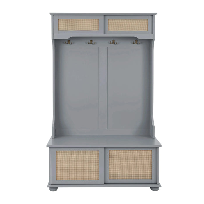 Clothes hanger Hall Tree Storage Bench Shoe Rack for Entryway, Hall Tree with Bench and Shoe Storage, Hall Tree Entryway Bench with Rattan Door Gray, 40.16'W*18.58'D*64.17'H Default -DTYStore