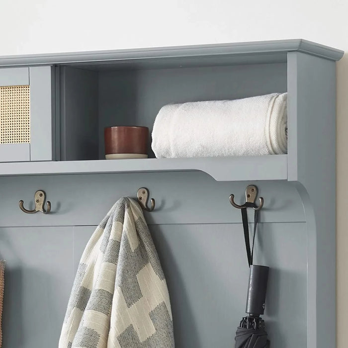 Clothes hanger Hall Tree Storage Bench Shoe Rack for Entryway, Hall Tree with Bench and Shoe Storage, Hall Tree Entryway Bench with Rattan Door Gray, 40.16'W*18.58'D*64.17'H Default -DTYStore