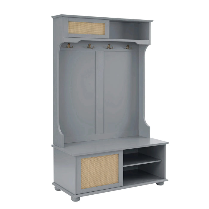 Clothes hanger Hall Tree Storage Bench Shoe Rack for Entryway, Hall Tree with Bench and Shoe Storage, Hall Tree Entryway Bench with Rattan Door Gray, 40.16'W*18.58'D*64.17'H Default -DTYStore