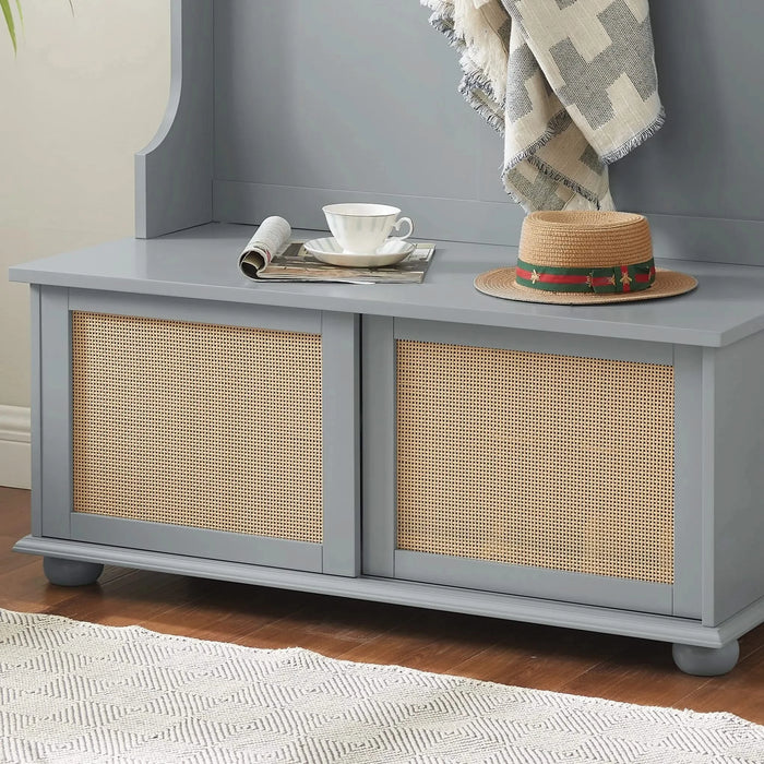 Clothes hanger Hall Tree Storage Bench Shoe Rack for Entryway, Hall Tree with Bench and Shoe Storage, Hall Tree Entryway Bench with Rattan Door Gray, 40.16'W*18.58'D*64.17'H Default -DTYStore