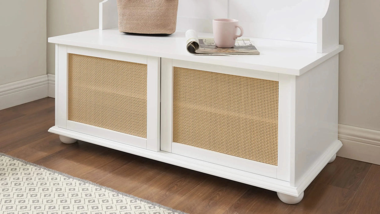 Clothes hanger Hall Tree Storage Bench Shoe Rack for Entryway, Hall Tree with Bench and Shoe Storage, Hall Tree Entryway Bench with Rattan Door White, 40.16'W*18.58'D*64.17'H Default -DTYStore