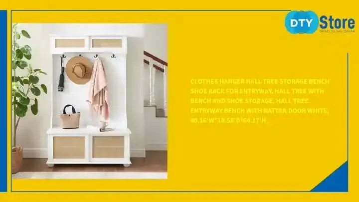 Clothes hanger Hall Tree Storage Bench Shoe Rack for Entryway, Hall Tree with Bench and Shoe Storage, Hall Tree Entryway Bench with Rattan Door White, 40.16'W*18.58'D*64.17'H Default -DTYStore