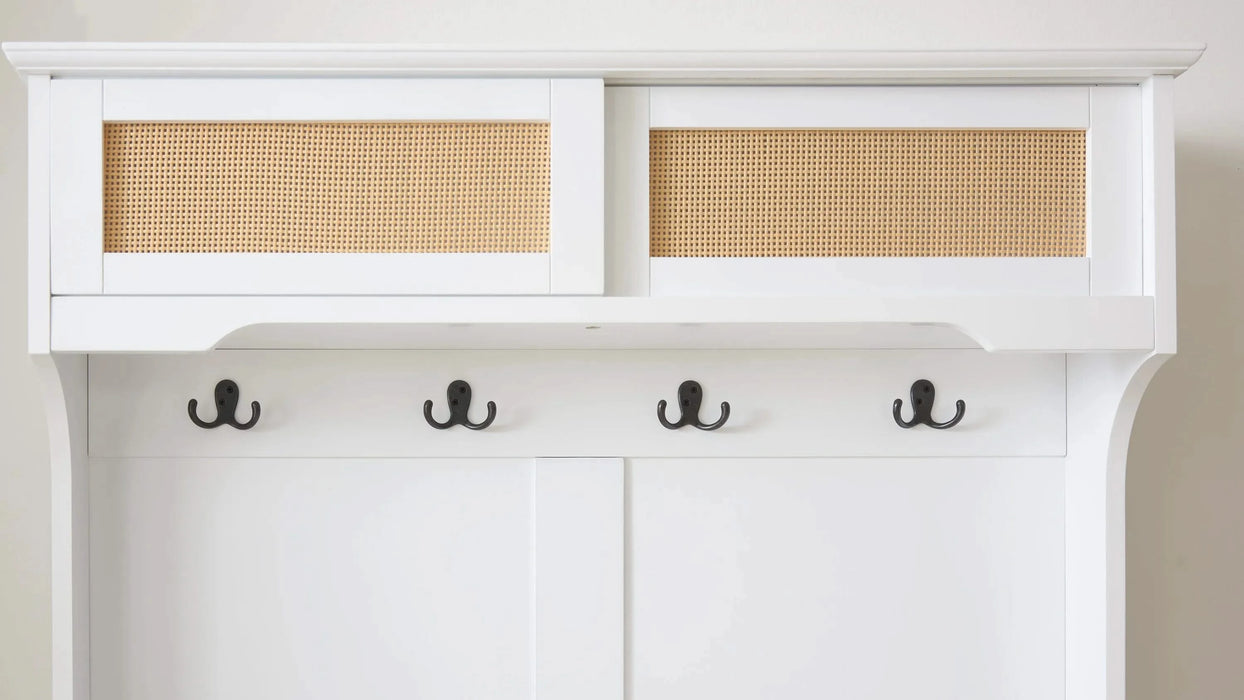 Clothes hanger Hall Tree Storage Bench Shoe Rack for Entryway, Hall Tree with Bench and Shoe Storage, Hall Tree Entryway Bench with Rattan Door White, 40.16'W*18.58'D*64.17'H Default -DTYStore