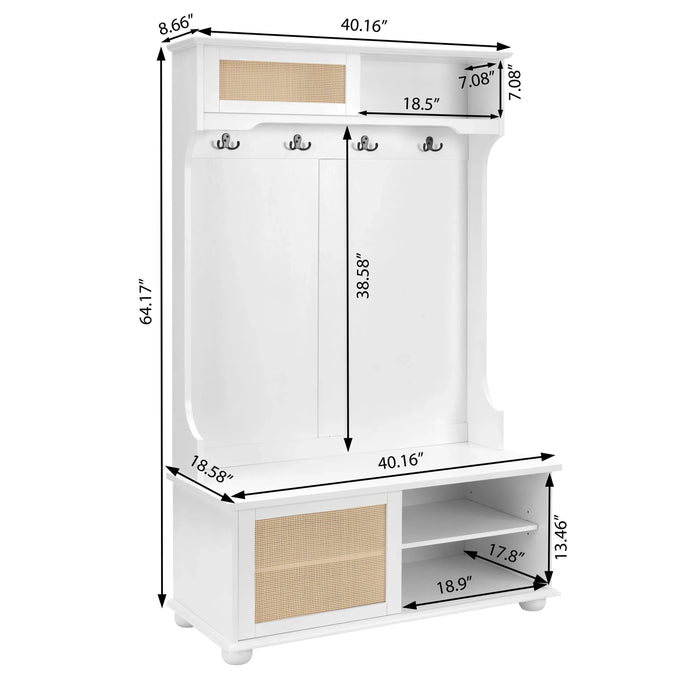 Clothes hanger Hall Tree Storage Bench Shoe Rack for Entryway, Hall Tree with Bench and Shoe Storage, Hall Tree Entryway Bench with Rattan Door White, 40.16'W*18.58'D*64.17'H Default -DTYStore