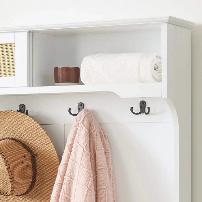 Clothes hanger Hall Tree Storage Bench Shoe Rack for Entryway, Hall Tree with Bench and Shoe Storage, Hall Tree Entryway Bench with Rattan Door White, 40.16'W*18.58'D*64.17'H Default -DTYStore