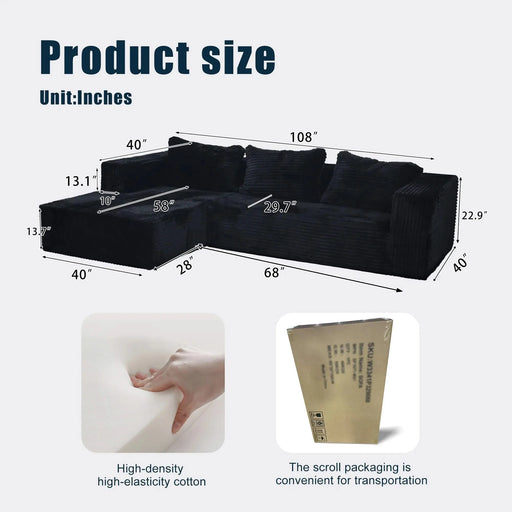 Cloud Sectional Couch with L-Shape Chaise,Modern Modular Sofa with Deep Seat, Upholstered Couches for Living Room Bedroom,No Assembly Required, Black (Plush Corduroy Fabric) Default -DTYStore