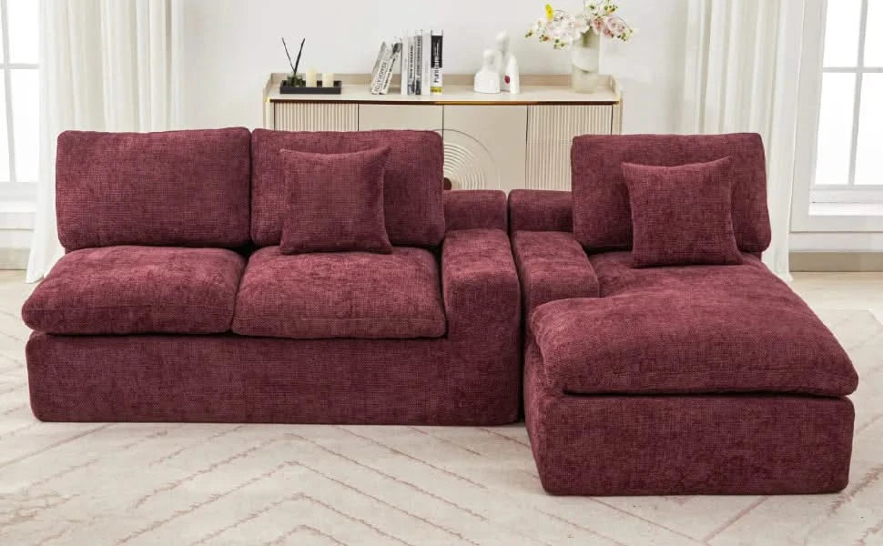 Cloud Sectional Sofa 107.9' Upholstered Sofa Couch with Double-layer Cushion and Side Pockets, Red Chenille Default -DTYStore