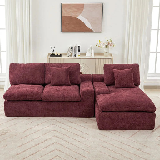 Cloud Sectional Sofa 107.9' Upholstered Sofa Couch with Double-layer Cushion and Side Pockets, Red Chenille Default -DTYStore