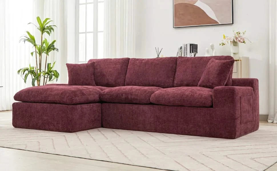 Cloud Sectional Sofa 107.9' Upholstered Sofa Couch with Double-layer Cushion and Side Pockets, Red Chenille Default -DTYStore