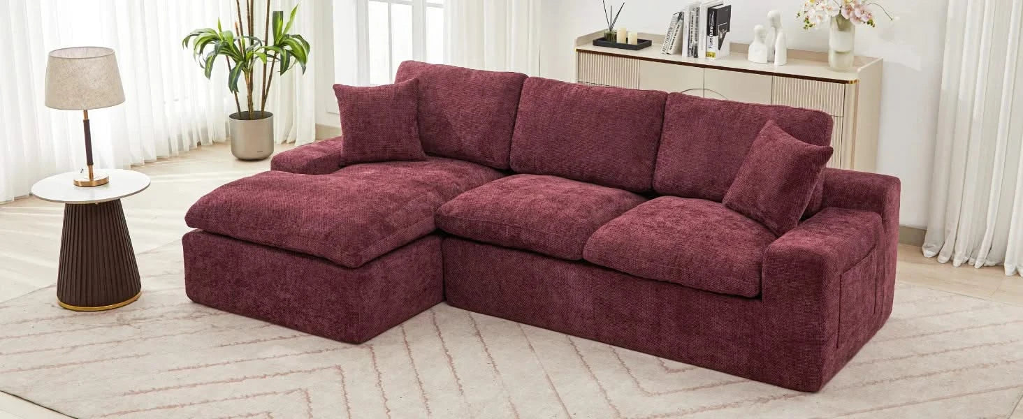 Cloud Sectional Sofa 107.9' Upholstered Sofa Couch with Double-layer Cushion and Side Pockets, Red Chenille Default -DTYStore
