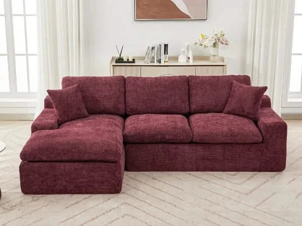Cloud Sectional Sofa 107.9' Upholstered Sofa Couch with Double-layer Cushion and Side Pockets, Red Chenille Default -DTYStore