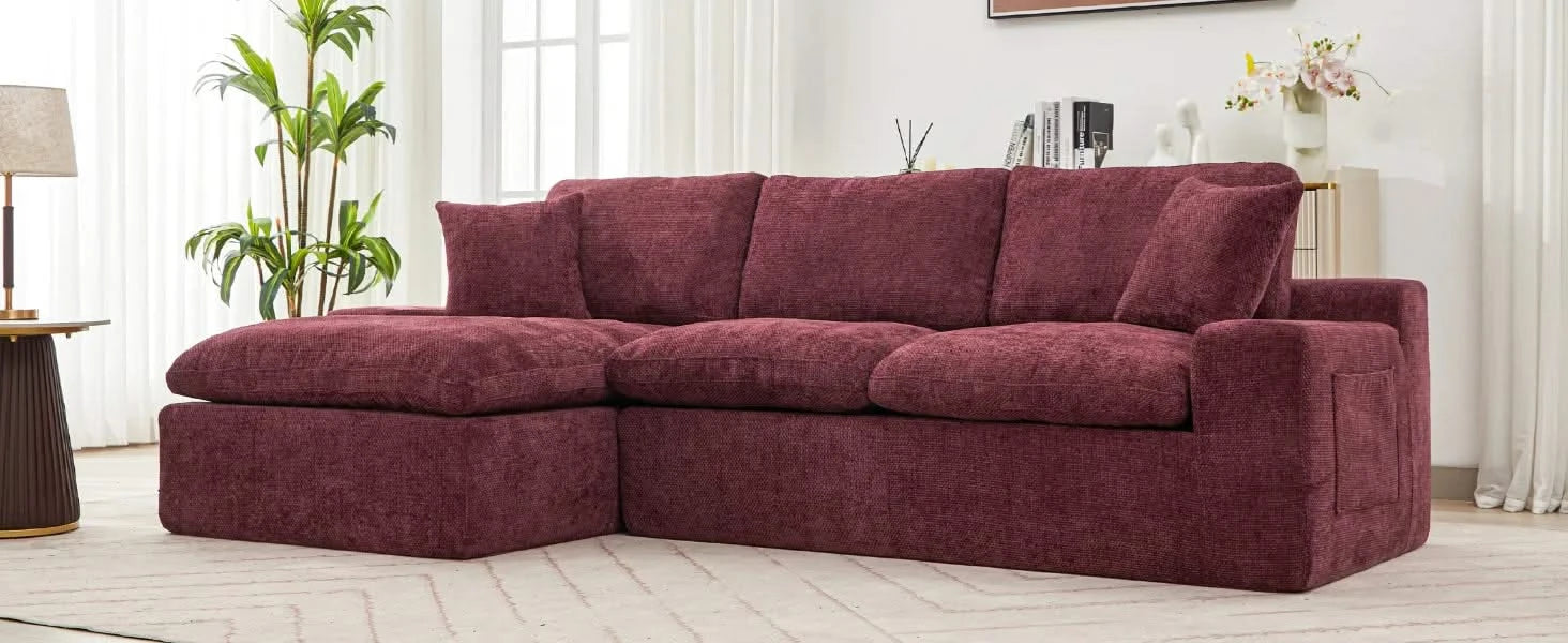 Cloud Sectional Sofa 107.9' Upholstered Sofa Couch with Double-layer Cushion and Side Pockets, Red Chenille Default -DTYStore
