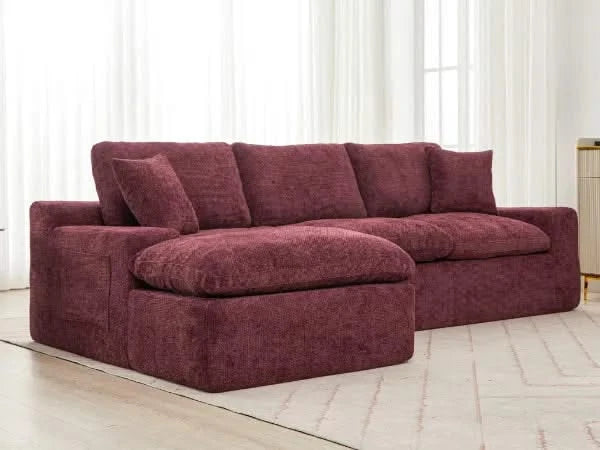 Cloud Sectional Sofa 107.9' Upholstered Sofa Couch with Double-layer Cushion and Side Pockets, Red Chenille Default -DTYStore