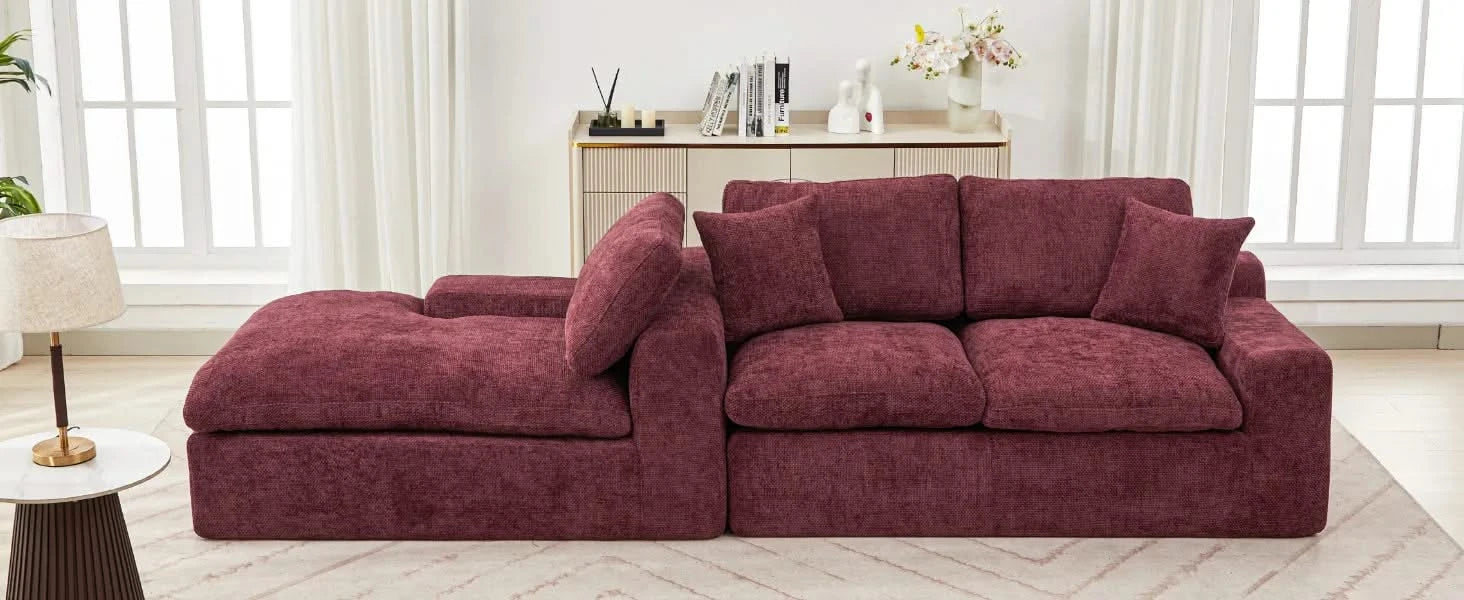 Cloud Sectional Sofa 107.9' Upholstered Sofa Couch with Double-layer Cushion and Side Pockets, Red Chenille Default -DTYStore