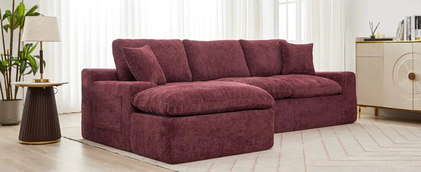 Cloud Sectional Sofa 107.9' Upholstered Sofa Couch with Double-layer Cushion and Side Pockets, Red Chenille Default -DTYStore