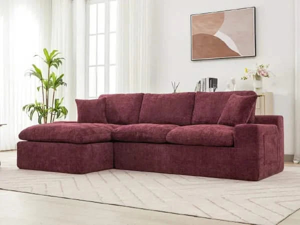 Cloud Sectional Sofa 107.9' Upholstered Sofa Couch with Double-layer Cushion and Side Pockets, Red Chenille Default -DTYStore