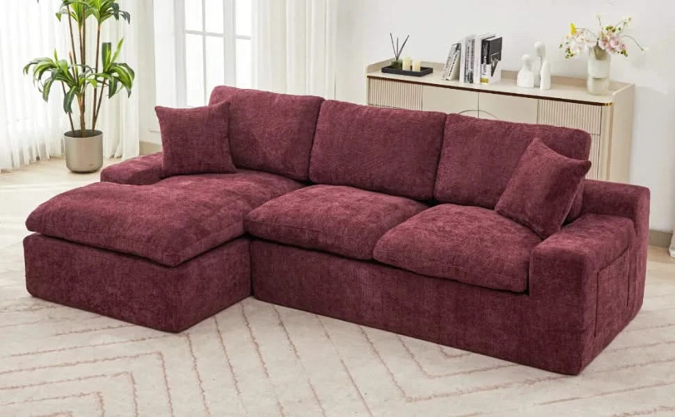 Cloud Sectional Sofa 107.9' Upholstered Sofa Couch with Double-layer Cushion and Side Pockets, Red Chenille Default -DTYStore