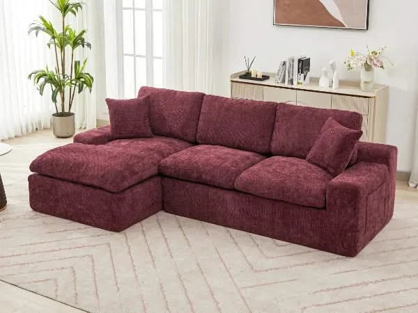 Cloud Sectional Sofa 107.9' Upholstered Sofa Couch with Double-layer Cushion and Side Pockets, Red Chenille Default -DTYStore