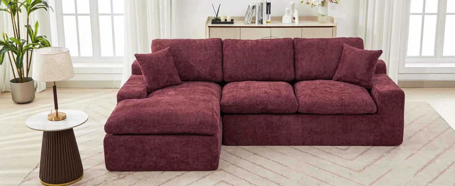 Cloud Sectional Sofa 107.9' Upholstered Sofa Couch with Double-layer Cushion and Side Pockets, Red Chenille Default -DTYStore