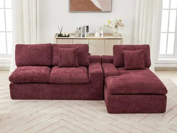Cloud Sectional Sofa 107.9' Upholstered Sofa Couch with Double-layer Cushion and Side Pockets, Red Chenille Default -DTYStore