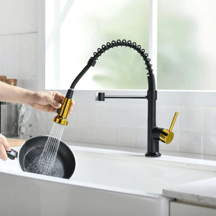 Commercial Black and Gold Kitchen Faucet with Pull Down Sprayer, Single Handle Single Lever Kitchen Sink Faucet- DTY Store