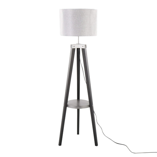 Compass Mid-Century Modern Floor Lamp with Shelf in Black Wood, Silver Metal and Grey Linen by LumiSource Default -DTYStore