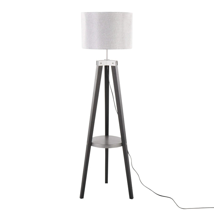 Compass Mid-Century Modern Floor Lamp with Shelf in Black Wood, Silver Metal and Grey Linen by LumiSource Default -DTYStore