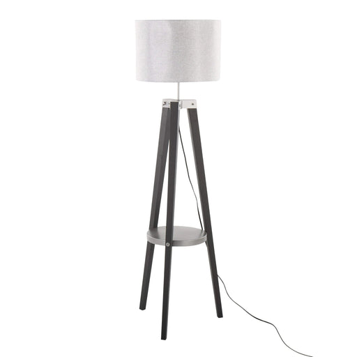 Compass Mid-Century Modern Floor Lamp with Shelf in Black Wood, Silver Metal and Grey Linen by LumiSource Default -DTYStore