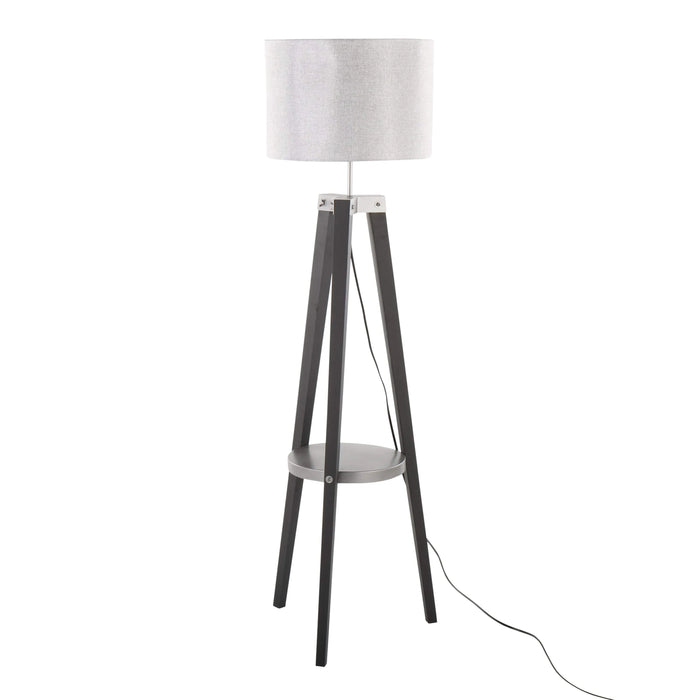 Compass Mid-Century Modern Floor Lamp with Shelf in Black Wood, Silver Metal and Grey Linen by LumiSource Default -DTYStore