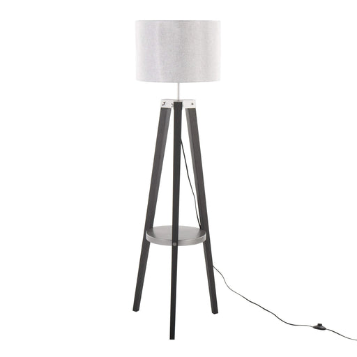 Compass Mid-Century Modern Floor Lamp with Shelf in Black Wood, Silver Metal and Grey Linen by LumiSource Default -DTYStore