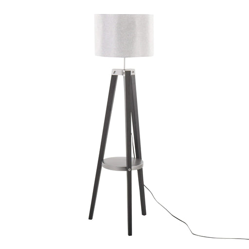 Compass Mid-Century Modern Floor Lamp with Shelf in Black Wood, Silver Metal and Grey Linen by LumiSource Default -DTYStore