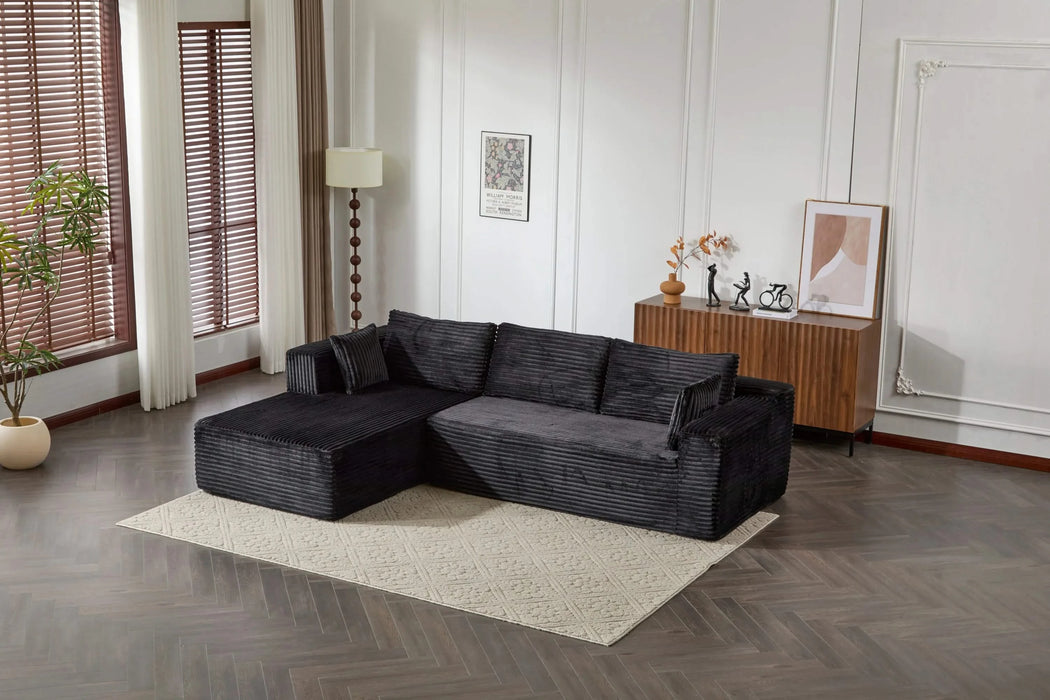 Compression Sectional Couch with Comfy Chaise, Boneless L Shape Sofa with Deep Seat, Minimalist Modular Couches Sleeper for Living Room Bedroom Apartment Lounge,corduroy,Black Default -DTYStore