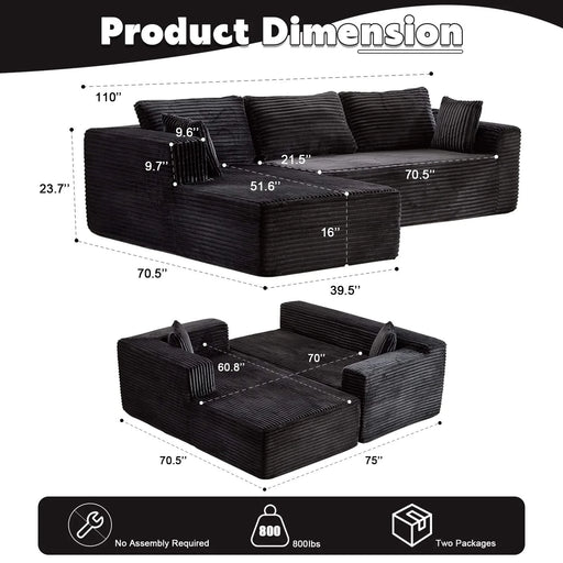Compression Sectional Couch with Comfy Chaise, Boneless L Shape Sofa with Deep Seat, Minimalist Modular Couches Sleeper for Living Room Bedroom Apartment Lounge,corduroy,Black Default -DTYStore