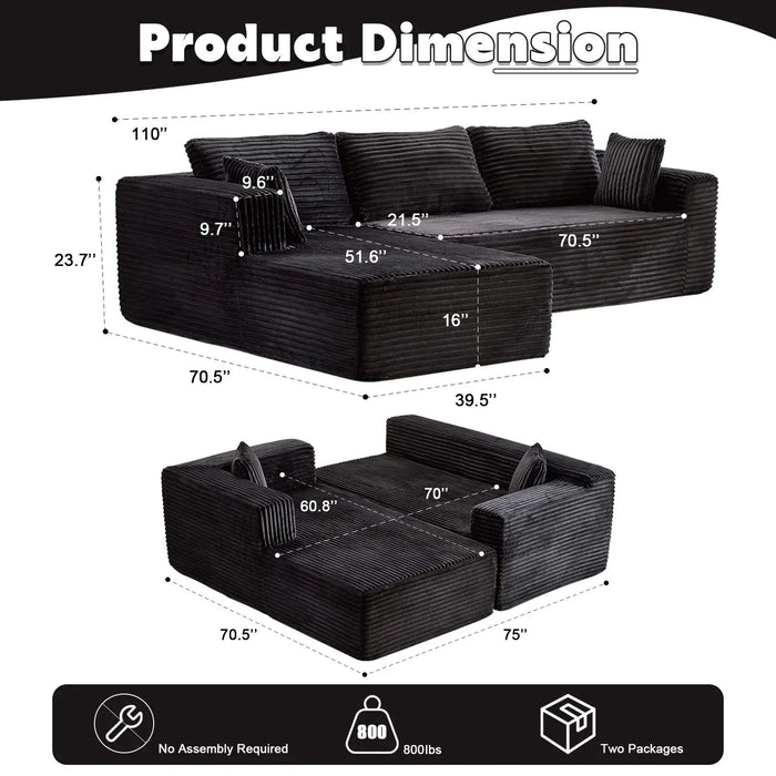 Compression Sectional Couch with Comfy Chaise, Boneless L Shape Sofa with Deep Seat, Minimalist Modular Couches Sleeper for Living Room Bedroom Apartment Lounge,corduroy,Black Default -DTYStore