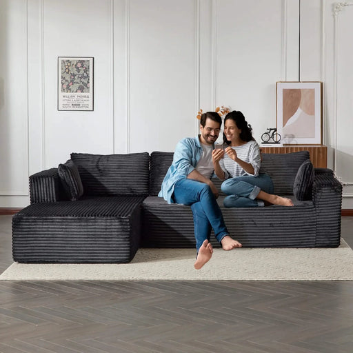 Compression Sectional Couch with Comfy Chaise, Boneless L Shape Sofa with Deep Seat, Minimalist Modular Couches Sleeper for Living Room Bedroom Apartment Lounge,corduroy,Black Default -DTYStore