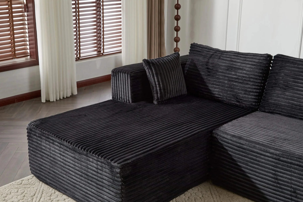 Compression Sectional Couch with Comfy Chaise, Boneless L Shape Sofa with Deep Seat, Minimalist Modular Couches Sleeper for Living Room Bedroom Apartment Lounge,corduroy,Black Default -DTYStore